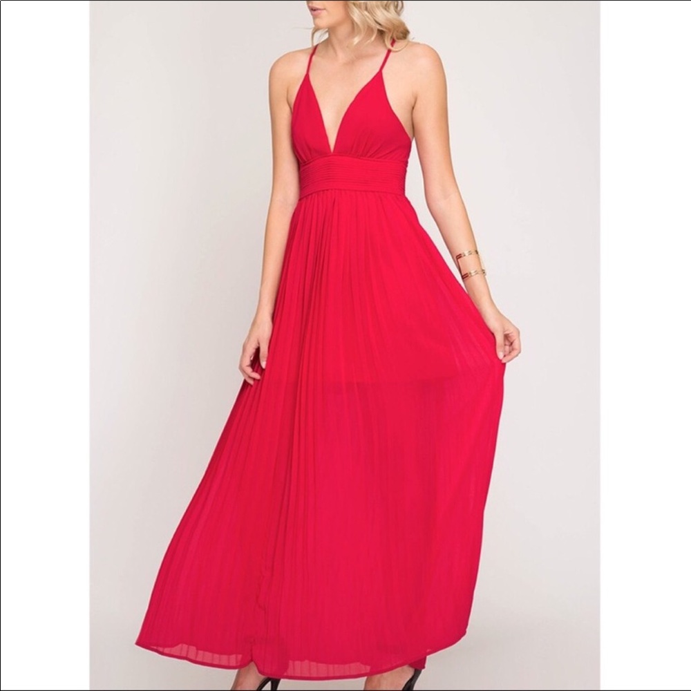 Stunning red pleated maxi dress